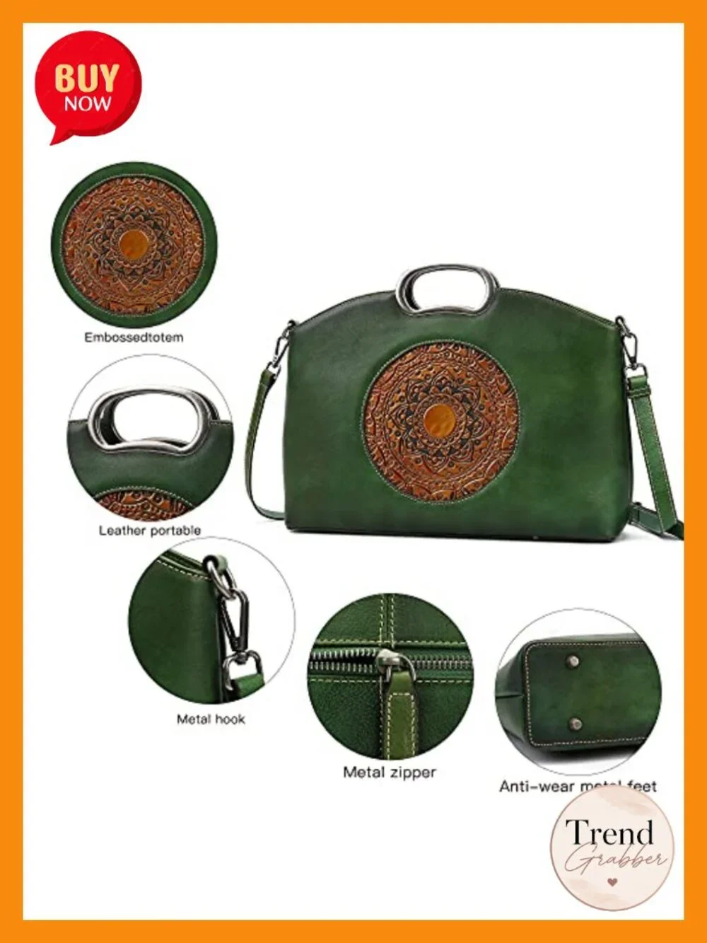 Genuine Leather Handbags Satchel Crossbody Bag Large Vintage Embossed Totem